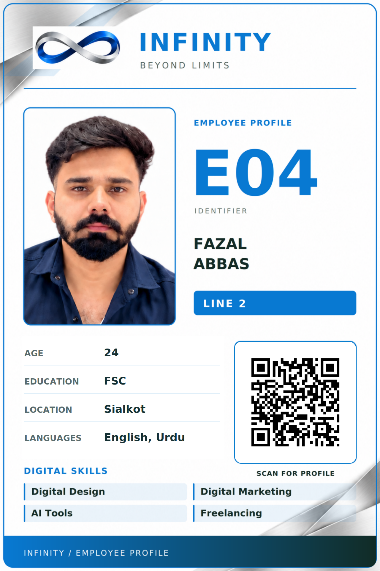 Front of INFINITY E04 employee card for Fazal Abbas